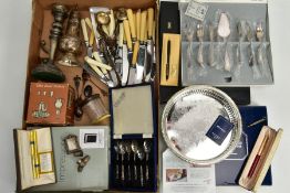 A BOX OF SILVERWARE AND WHITE METAL ITEMS, to include a glass vanity jar with a silver lid, hallmark