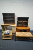 A SELECTION OF OCCASIONAL FURNITURE, a Nathan teak tv stand, an oak bookcase, oak glazed bookcase,
