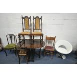 AN OAK BARLEY TWIST GATE LEG TABLE, two oak dining chairs, two mahogany splat back chair, a press