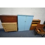 A QUANTITY OF MID CENTURY FURNITURE, to include a blue painted two door cabinet, width 107cm x depth