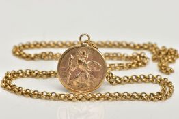 A 9CT GOLD ST CHRISTOPHER NECKLACE, a circular St Christopher pendant, suspended from a long belcher