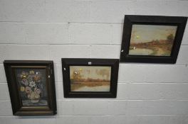 A GILT FRAMED NEEDLEWORK PICTURE OF A STILL LIFE, 51cm x 69cm, and a pair of oak framed watercolours