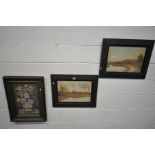 A GILT FRAMED NEEDLEWORK PICTURE OF A STILL LIFE, 51cm x 69cm, and a pair of oak framed watercolours