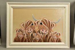 JENNIFER HOGWOOD (BRITISH 1980) 'THE FIVE MOO-SKETEERS', a family of Highland cows, signed bottom