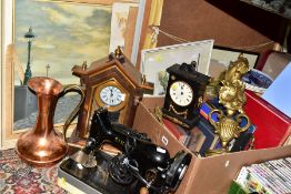A BOX AND LOOSE SEWING MACHINE, CLOCKS, BOOKS AND SUNDRY ITEMS, to include a Singer 99K sewing