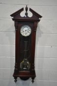 A LATE 20TH CENTURY MAHOGANY VIENNA STYLE WALL CLOCK, the white enamel dial with roman numerals,