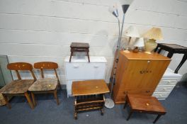 A QUANTITY OF OCCASIONAL FURNITURE, to include a two door cupboard with two drawers (missing handle)