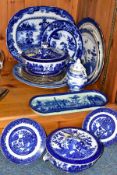 A GROUP OF BLUE AND WHITE CERAMICS, to include a pair of Mintons willow pattern tureens, six Royal