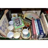 A BOX OF ROYAL COMMEMORATIVES AND OTHER ITEMS RELATING TO THE ROYAL FAMILY, to include two copies of