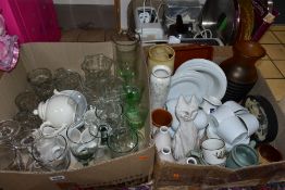 THREE BOXES AND LOOSE CERAMICS, GLASSWARES AND HOUSEHOLD ITEMS, to include a boxed Picquot Ware