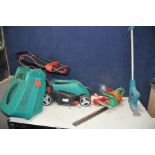 A BOSCH ROTAK 34R with grass box along with a GS PP425 hedge trimmer and a Black and Decker S7A22