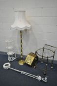 A LATE 19TH CENTURY BRASS PURDONIUM WITH COAL SCUTTLE, a brass standard lamp with shade, a brassed