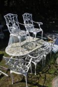 A WHITE PAINTED OVAL ALUMINIUM GARDEN TABLE with an under tier, length 140cm x width 82cm together