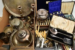 A BOX OF ASSORTED WHITE METAL WARE, to include a basket tray, a pair of silver on copper