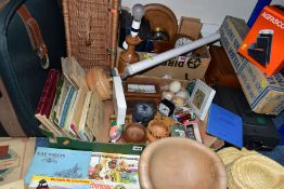 TWO BOXES AND LOOSE SUITCASE, TREEN AND SUNDRY ITEMS, to include a green Antler suitcase, a picnic