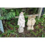 TWO MODERN COMPOSITE GARDEN FIGURES, one of a scantily clad maiden height 70cm and the other of a