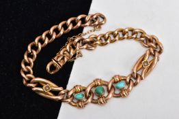 A VICTORIAN GOLD BRACELET, hollow curb link bracelet, centring with three circular links set with