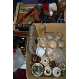 TWO BOXES AND LOOSE METALWARES, GLASS, CAMERAS AND SUNDRY ITEMS, to include cased cameras