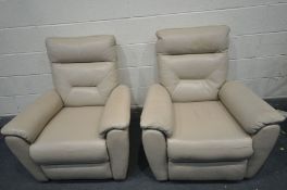 A PAIR OF CREAM LEATHERETTE ARMCHAIRS, one electric recliner and one manual recliner (condition -