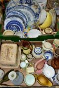 TWO BOXES OF DINNER AND TEA WARES ETC, to include a quantity of blue and white platters and