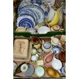 TWO BOXES OF DINNER AND TEA WARES ETC, to include a quantity of blue and white platters and