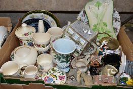 THREE BOXES OF CERAMICS, TREEN AND SUNDRY ITEMS, to include a Royal Albert New Country Roses