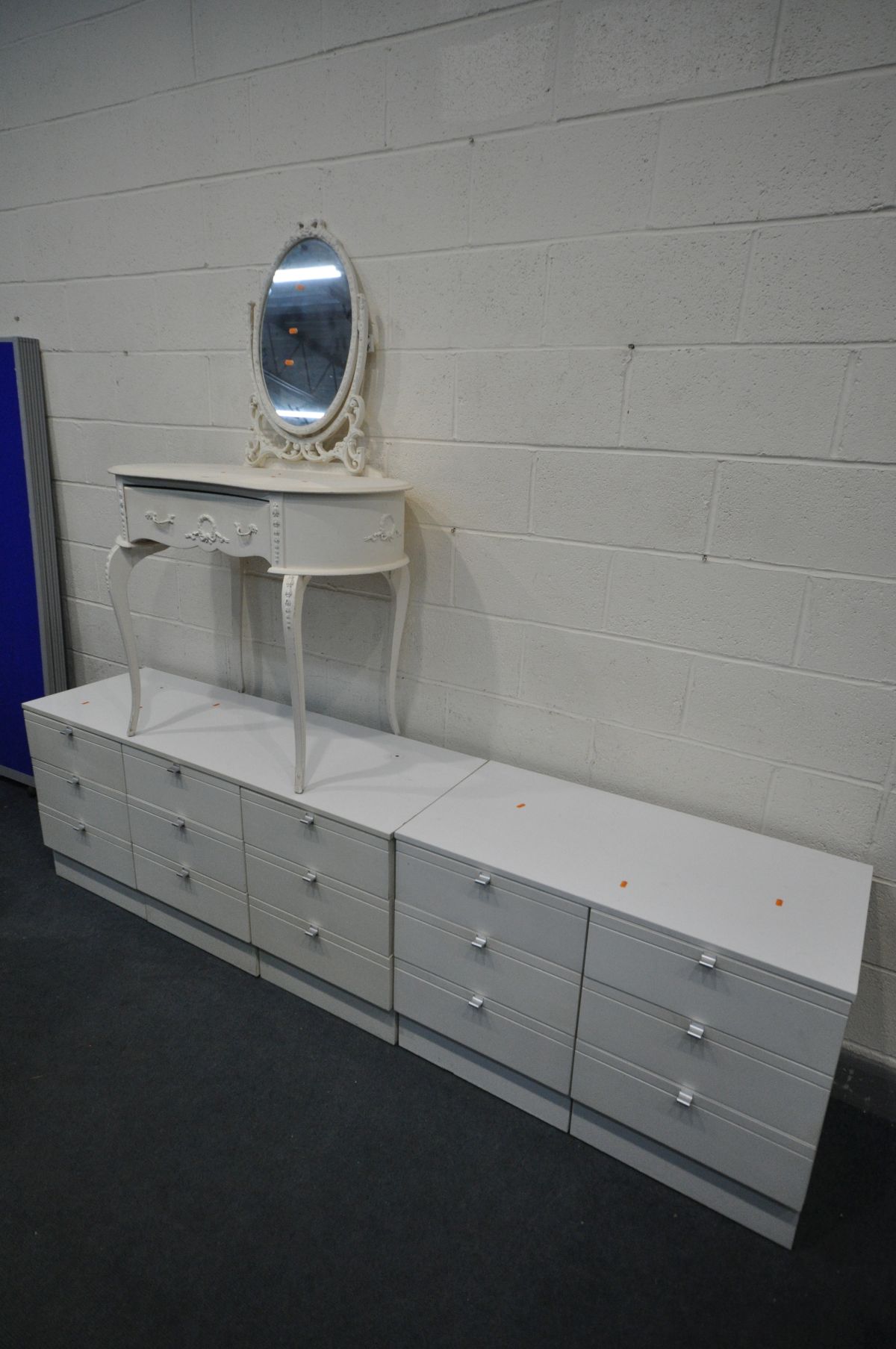 TWO WHITE FINISH CHEST OF DRAWERS/DRESSING TABLE, and a painted French kidney dressing table with