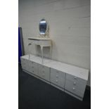 TWO WHITE FINISH CHEST OF DRAWERS/DRESSING TABLE, and a painted French kidney dressing table with