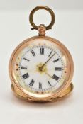 A GOLD CASED LADIES POCKET WATCH, a key wound movement, round white dial with gold tone floral