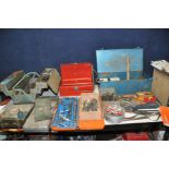THREE METAL TOOLBOXES AND OTHERS CONTAINING ENGINEERING TOOLS including a Sealey punch set, a