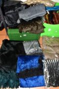 TWO BOXES OF AS NEW LADIES SCARVES, to include approximately forty autumn/winter scarves in varied