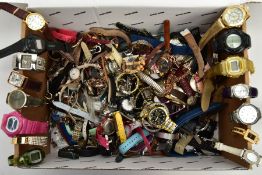 A BOX OF ASSORTED LADIES, GENTS AND CHILDRENS WRISTWATCHES, mostly quartz movements, all in used and