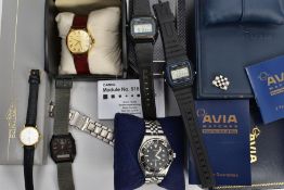 A SELECTION OF WRISTWATCHES, the first with a gents round black dial signed 'Avia', spot and baton