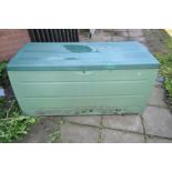 A GREEN PLASTIC GARDEN STORAGE BOX, width 120cm x depth 53cm x height 61cm together with a metal