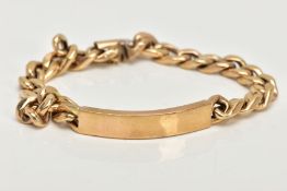 A 9CT GOLD IDENTITY BRACELET, a yellow gold flat curb link bracelet, fitted with a hollow identity