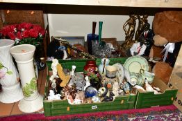 FOUR BOXES AND LOOSE SEWING TABLE, CERAMICS, GLASSWARES AND SUNDRY ITEMS, to include a small