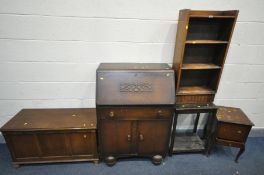 AN ART DECO OAK OPEN BOOKCASE, an oak occasional table, a fall front bureau, an oak blanket box, a