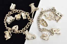 A SILVER CHARM BRACELET WITH A WHITE METAL BRACELET AND WHITE METAL CHARMS, a silver curb link