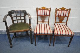 A PAIR OF 19TH CENTURY ROSEWOOD AND INLAID DINING CHAIRS, along with a 20th century oak bow top