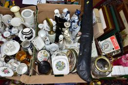 THREE BOXES AND LOOSE CERAMICS, CUE, PICTURES AND SUNDRY ITEMS, to include two Aynsley Little