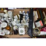 THREE BOXES AND LOOSE CERAMICS, CUE, PICTURES AND SUNDRY ITEMS, to include two Aynsley Little