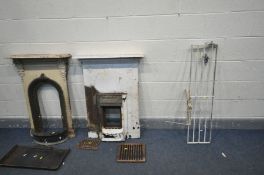 A WHITE PAINTED CAST IRON FIRE SURROUND, width 73cm x depth 13cm x height 94m, another cast iron