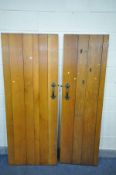 TWO SIZED OAK SLATTED INTERIOR COTTAGE DOOR, with iron handles and hinges, 75.5cm x 194cm & 59.5cm x