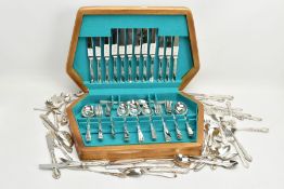 A CANTEEN AND LOOSE CUTLERY, wooden canteen filled with stainless steel cutlery, together with a