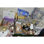 THREE BOXES AND LOOSE SEWING MACHINES AND SUPPLIES, to include a cased Janome Memory Craft 3500