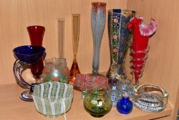 A COLLECTION OF SIXTEEN PIECES OF 20TH CENTURY COLOURED GLASSWARE, including a hexagonal footed bowl