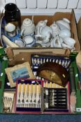 TWO BOXES OF CERAMICS AND FLATWARES ETC, to include six Norwegian silver teaspoons 830 purity, cased