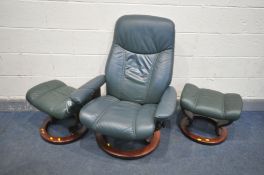 A EKORNES STRESSLESS BLUE LEATHER SWIVEL RECLINING ARMCHAIR, and a two stools in a green leather (