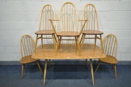 AN ERCOL WINDSOR MODEL 382 ELM AND BEECH DINING TABLE, on square tapered legs, length 153cm x