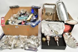 TWO BOXES OF WHITE METAL WARE, to include a large quantity of collectable teaspoons, some